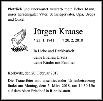 Traueranzeige von Jürgen Kraase von Ostsee-Zeitung