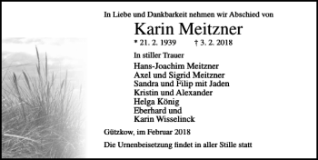 Traueranzeige von Karin Meitzner von Ostsee-Zeitung