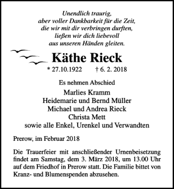 Traueranzeige von Käthe Rieck von Ostsee-Zeitung