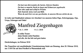 Traueranzeige von Manfred Ziegenhagen von Ostsee-Zeitung