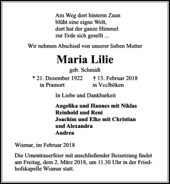 Traueranzeige von Maria Lilie von Ostsee-Zeitung