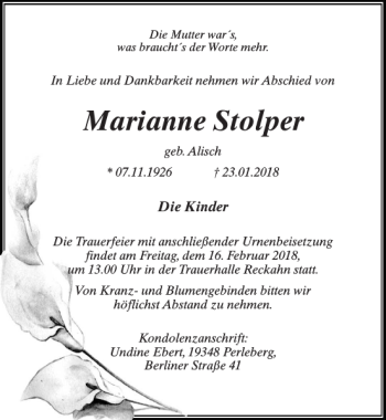 Traueranzeige von Marianne Stolper von MAZ-Trauer.de