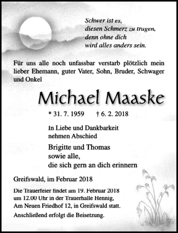 Traueranzeige von Michael Maaske von Ostsee-Zeitung