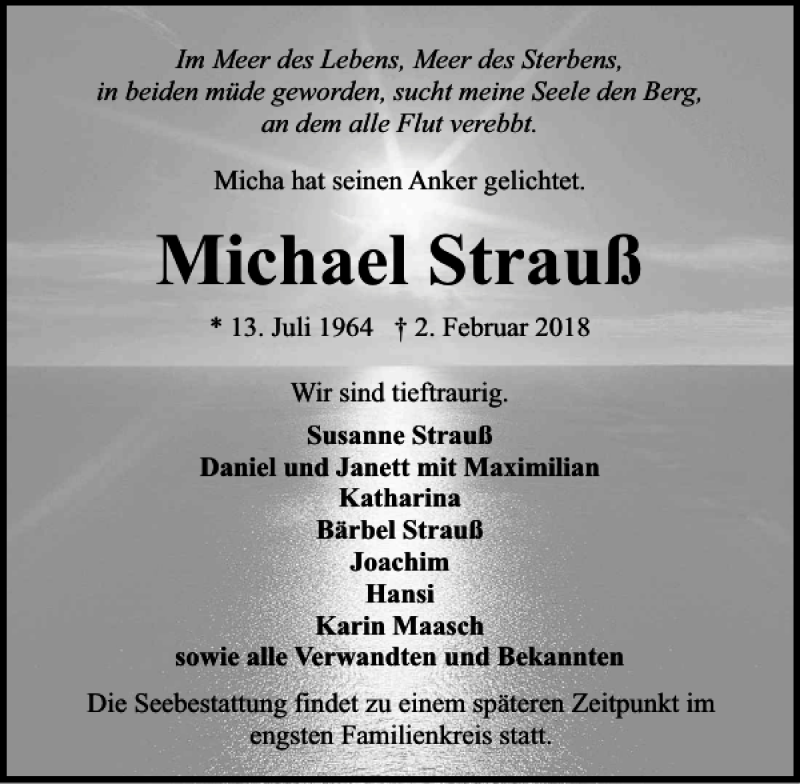  Traueranzeige für Michael Strauß vom 11.02.2018 aus Lübecker Nachrichten