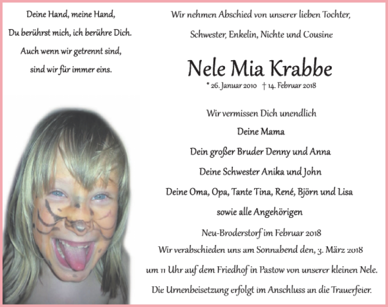  Traueranzeige für Nele Mia Krabbe vom 24.02.2018 aus Ostsee-Zeitung