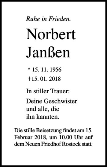 Traueranzeige von Norbert Janßen von Ostsee-Zeitung