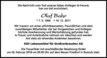 Traueranzeige von Olaf Bahr von Ostsee-Zeitung