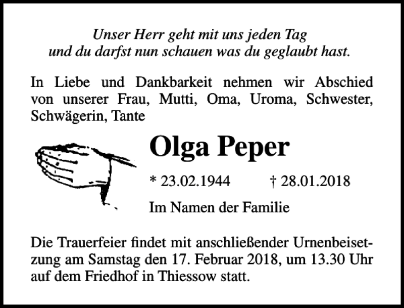  Traueranzeige für Olga Peper vom 07.02.2018 aus Ostsee-Zeitung