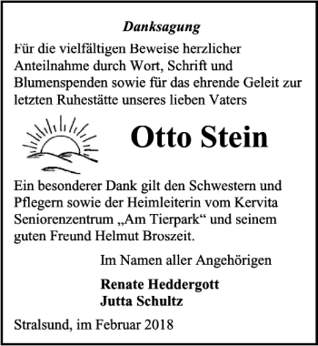 Traueranzeige von Otto Stein von Ostsee-Zeitung