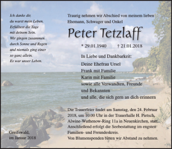 Traueranzeige von Peter Tetzlaff von Ostsee-Zeitung