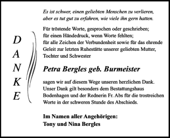 Traueranzeige von Petra Bergles geb. Burmeister von Ostsee-Zeitung