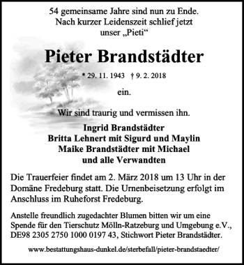 Traueranzeige von Pieter Brandstädter von Lübecker Nachrichten