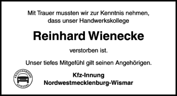 Traueranzeige von Reinhard Wienecke von Ostsee-Zeitung