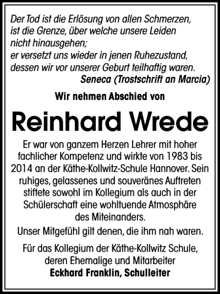  Traueranzeige für Reinhard Wrede vom 10.02.2018 aus HAZ/NP