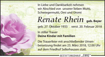 Traueranzeige von Renate Rhein von Leipziger Volkszeitung