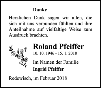 Traueranzeige von Roland Pfeiffer von Ostsee-Zeitung