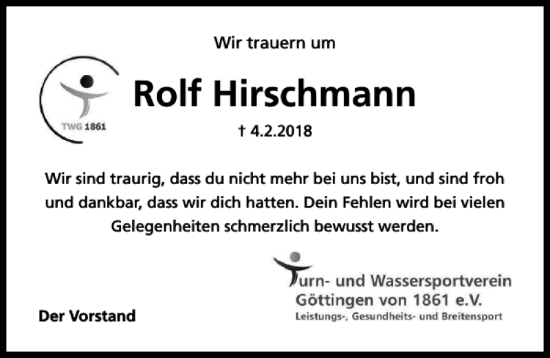  Traueranzeige für Rolf Hirschmann vom 10.02.2018 aus Göttinger Tageblatt