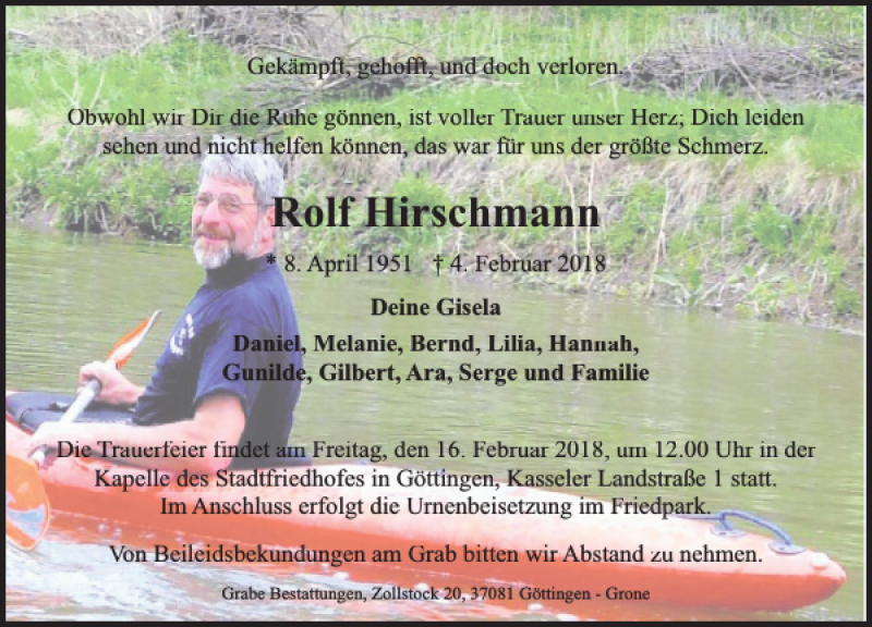  Traueranzeige für Rolf Hirschmann vom 13.02.2018 aus Göttinger Tageblatt