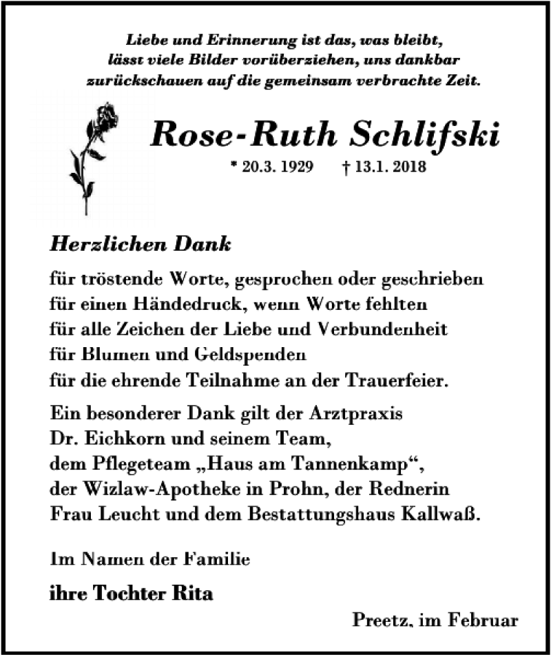 Traueranzeigen Von Rose-Ruth Schlifski | Trauer-anzeigen.de