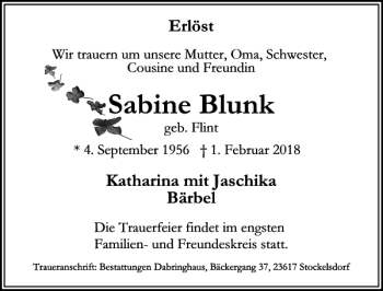 Traueranzeige von Sabine Blunk von Lübecker Nachrichten