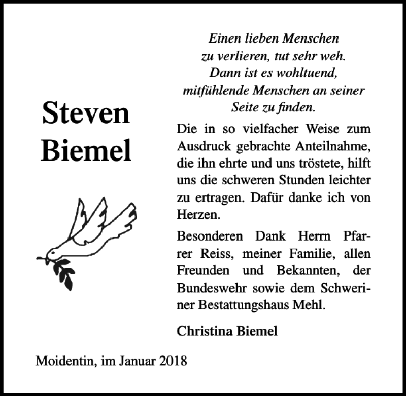  Traueranzeige für Steven Biemel vom 03.02.2018 aus Ostsee-Zeitung