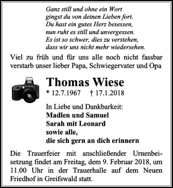 Traueranzeige von Thomas Wiese von Ostsee-Zeitung