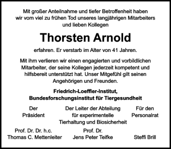 Traueranzeige von Thorsten Arnold von Ostsee-Zeitung