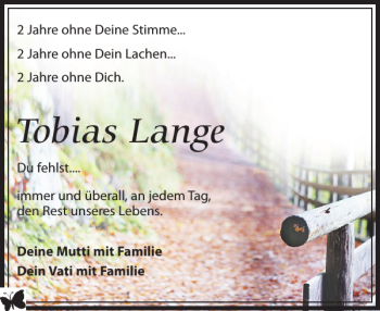 Traueranzeige von Tobias Lange von Leipziger Volkszeitung