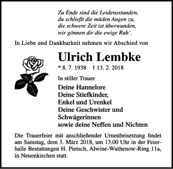 Traueranzeige von Ulrich Lembke von Ostsee-Zeitung