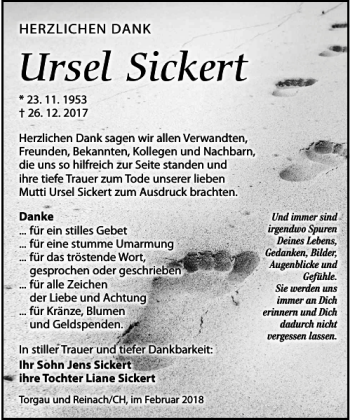 Traueranzeige von Ursel Sickert von Torgauer Zeitung