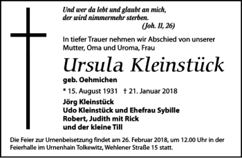 Traueranzeige von Ursula Kleinstück von Dresdner Neueste Nachrichten