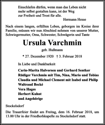Traueranzeige von Ursula Varchmin von Lübecker Nachrichten