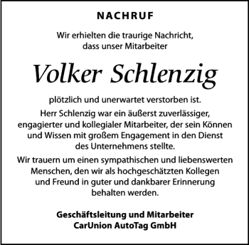 Traueranzeige von Volker Schlenzig von Leipziger Volkszeitung