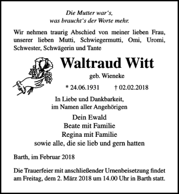 Traueranzeige von Waltraud Witt von Ostsee-Zeitung