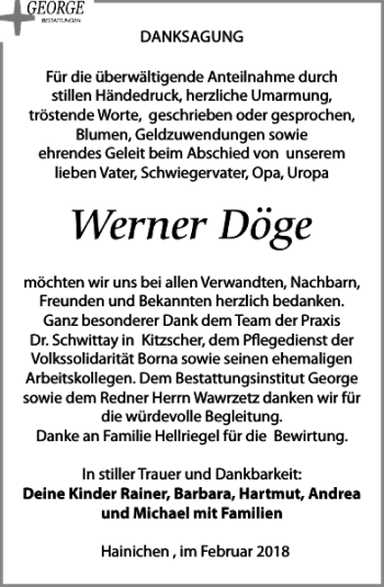 Traueranzeige von Werner Döge von Leipziger Volkszeitung