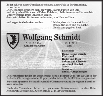 Traueranzeige von Wolfgang Schmidt von Kieler Nachrichten / Segeberger Zeitung