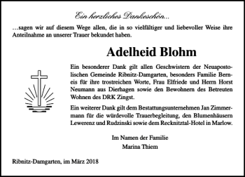 Traueranzeige von Adelheid Blohm von Ostsee-Zeitung