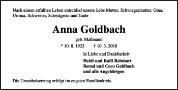 Traueranzeige von Anna Goldbach von Lübecker Nachrichten