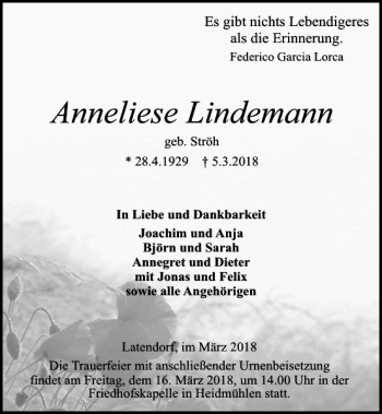 Traueranzeige von Anneliese Lindemann von Kieler Nachrichten / Segeberger Zeitung