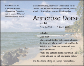 Traueranzeige von Annerose Dorst von Ostsee-Zeitung