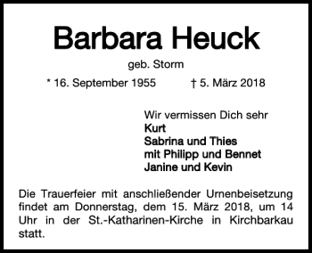 Traueranzeige von Barbara Heuck von Kieler Nachrichten / Segeberger Zeitung
