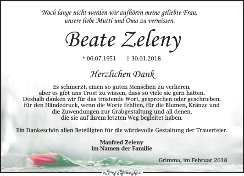  Traueranzeige für Beate Zeleny vom 10.03.2018 aus Leipziger Volkszeitung