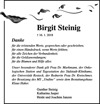 Traueranzeige von Birgit Steinig von Ostsee-Zeitung