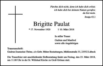 Traueranzeige von Brigitte Paulat von Lübecker Nachrichten