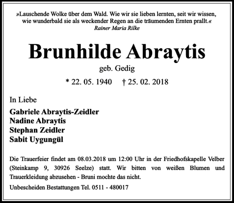  Traueranzeige für Brunhilde Abraytis vom 03.03.2018 aus HAZ/NP
