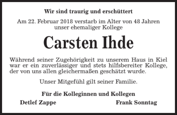 Traueranzeige von Carsten Ihde von Kieler Nachrichten / Segeberger Zeitung