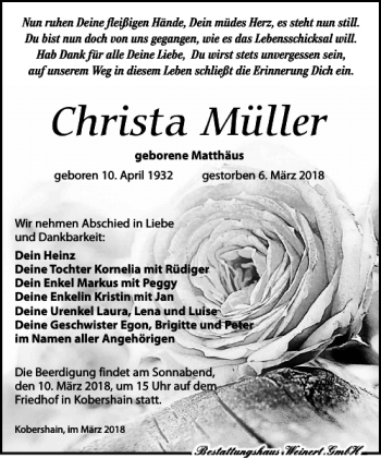 Traueranzeige von Christa Müller von Torgauer Zeitung