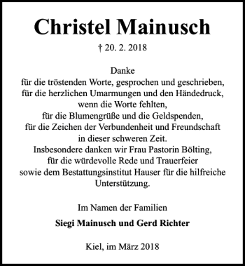 Traueranzeige von Christel Mainusch von Kieler Nachrichten / Segeberger Zeitung