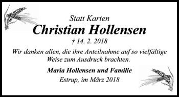 Traueranzeige von Christian Hollensen von Kieler Nachrichten / Segeberger Zeitung