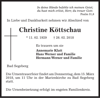 Traueranzeige von Christine Köttschau von Kieler Nachrichten / Segeberger Zeitung
